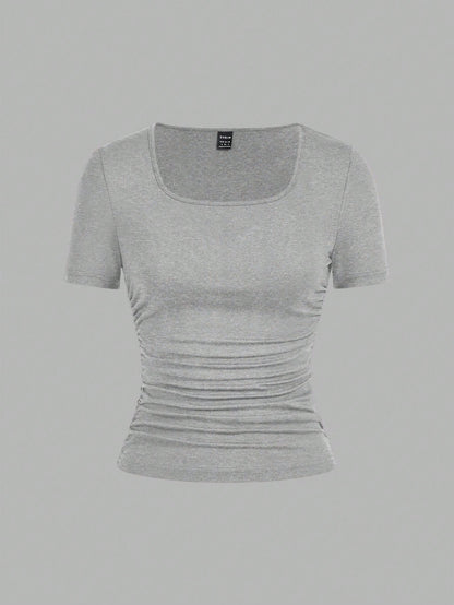 EZwear 4pcs/Set Black, Burgundy, Gray, White Casual Minimalist Solid Color Comfortable Crew Neck Short Sleeve T-Shirts For Women, Suitable For Spring/Summer