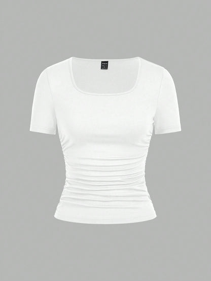 EZwear 4pcs/Set Black, Burgundy, Gray, White Casual Minimalist Solid Color Comfortable Crew Neck Short Sleeve T-Shirts For Women, Suitable For Spring/Summer