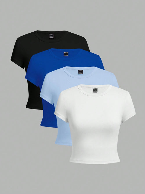 EZwear 4pcs/Set Casual Round Neck Short Sleeve Fitted Women T-Shirts, Summer Suitable For Going Out