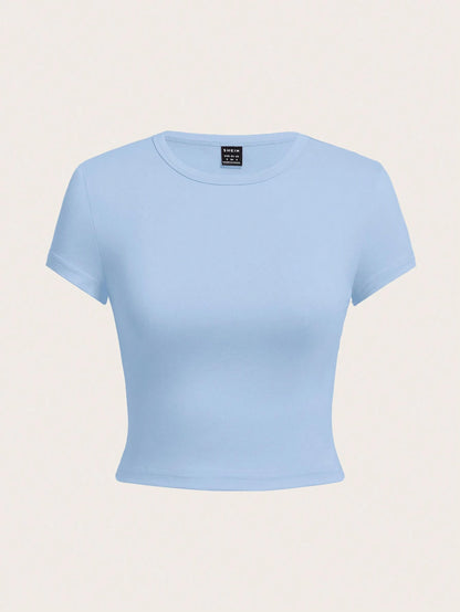 EZwear 4pcs/Set Casual Round Neck Short Sleeve Fitted Women T-Shirts, Summer Suitable For Going Out