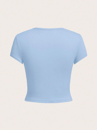 EZwear 4pcs/Set Casual Round Neck Short Sleeve Fitted Women T-Shirts, Summer Suitable For Going Out