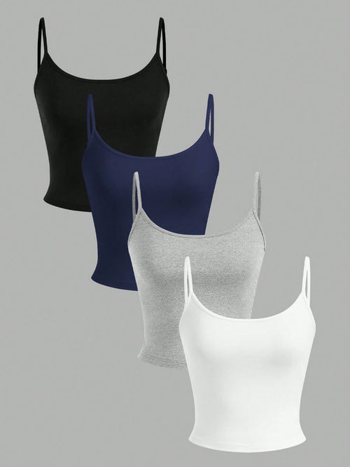 EZwear 4pcs Women Tight Fitted Cropped Casual Tank Top, Suitable For Summer Back To School
