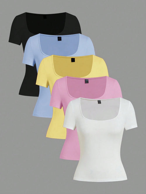 EZwear 5pcs/Set Multicolor Knit Women T-Shirts, Spring/Summer