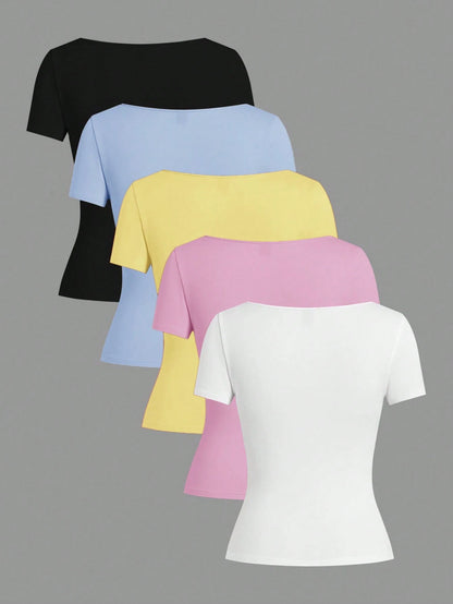 EZwear 5pcs/Set Multicolor Knit Women T-Shirts, Spring/Summer