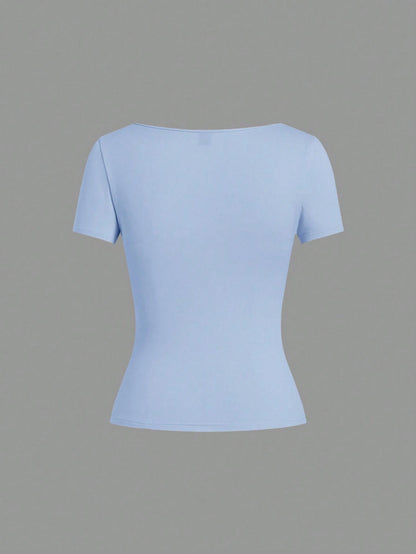 EZwear 5pcs/Set Multicolor Knit Women T-Shirts, Spring/Summer