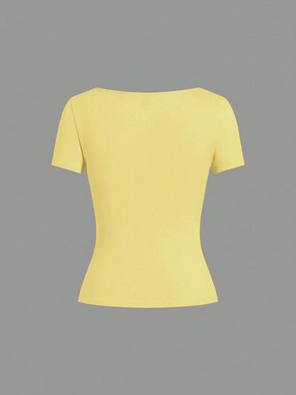 EZwear 5pcs/Set Multicolor Knit Women T-Shirts, Spring/Summer