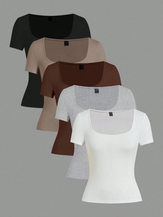 EZwear 5pcs/Set Women's Basic Crew Neck Fitted T-Shirts, Multi-Color