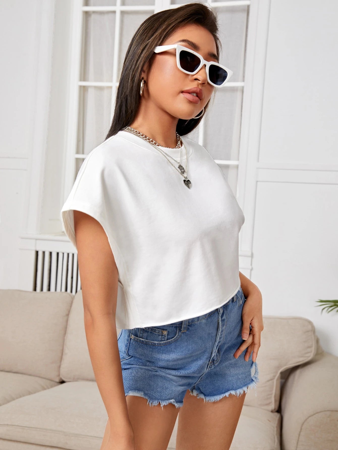 EZwear Batwing Sleeve Solid Crop Top