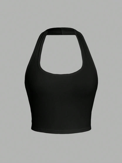 EZwear Casual Minimalist Solid Color Cropped Halter Neck Slim Fit Tank Top For Women, Summer Back To School