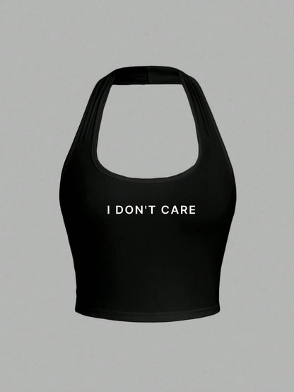 EZwear Casual Slogan Graphic Halter Neck Tank Top, Fitted For Women, Suitable For Summer Vacation