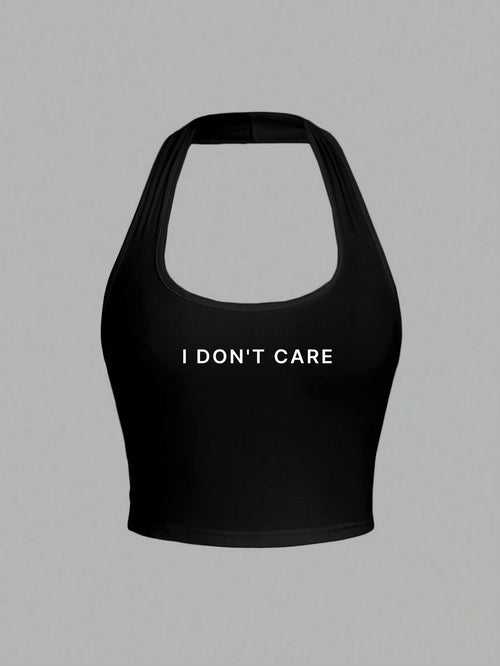 EZwear Casual Slogan Graphic Halter Neck Tank Top, Fitted For Women, Suitable For Summer Vacation