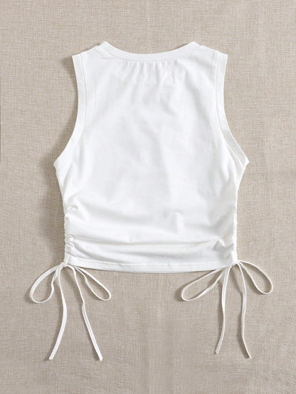 EZwear Drawstring Ruched Side Crop White Summer Outfits Back Tank Top
