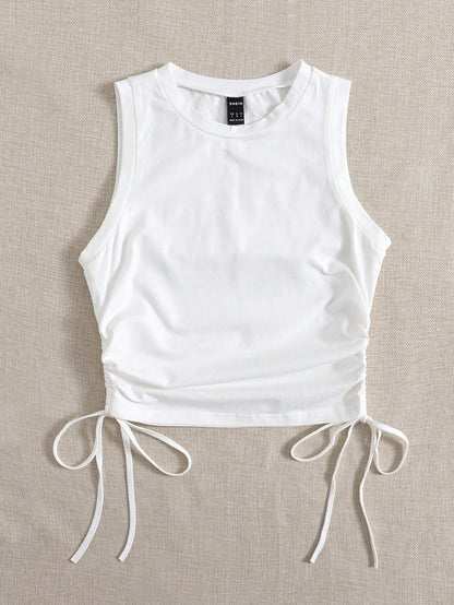 EZwear Drawstring Ruched Side Crop White Summer Outfits Back Tank Top