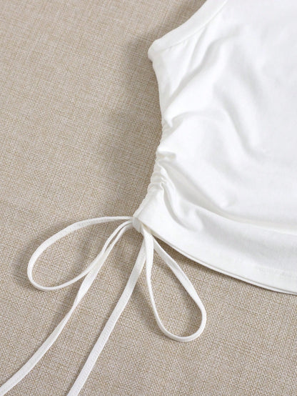 EZwear Drawstring Ruched Side Crop White Summer Outfits Back Tank Top