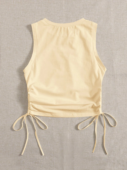 EZwear Drawstring Ruched Side Crop White Summer Outfits Back Tank Top