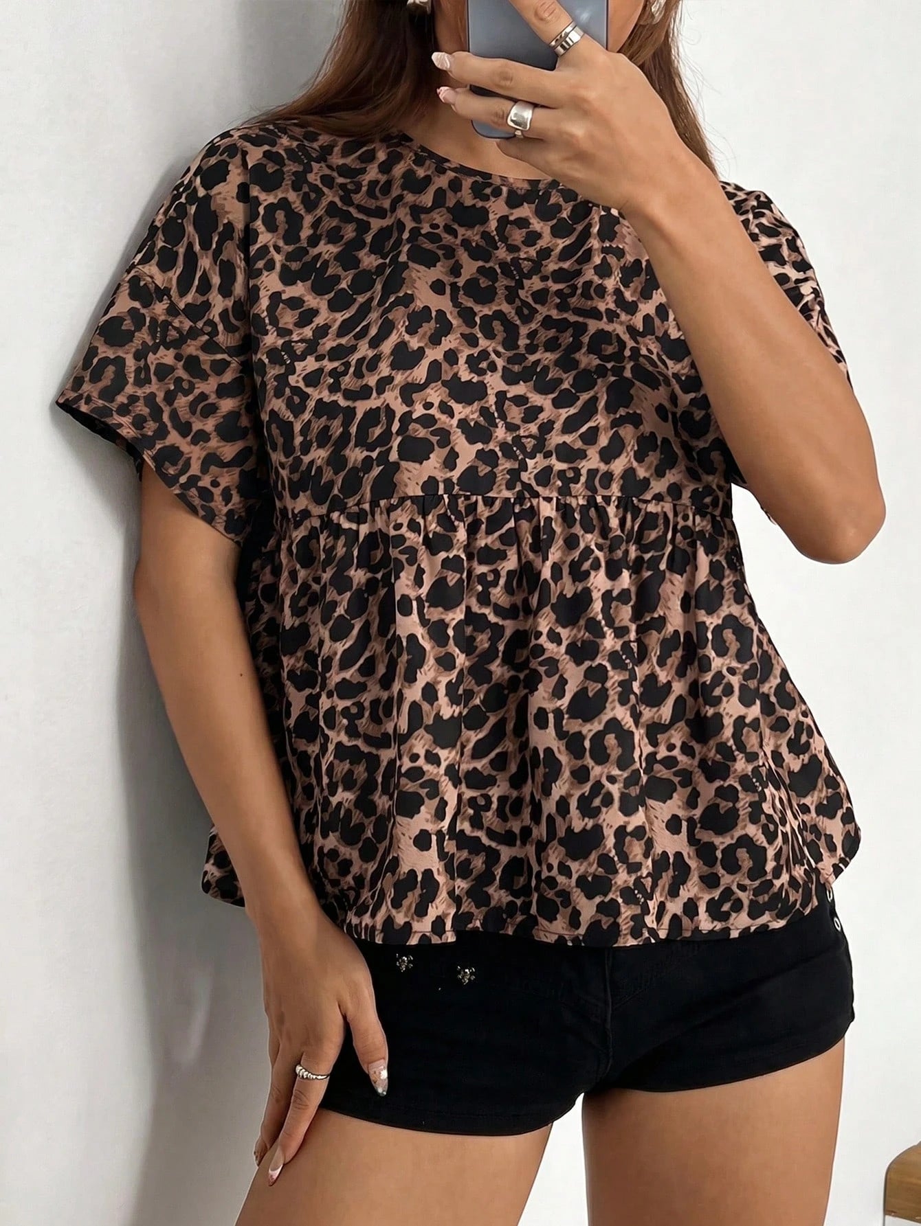 EZwear Leopard Print Woven Women's Round Neck Summer Short Sleeve Shirt,Short Sleeve Tops