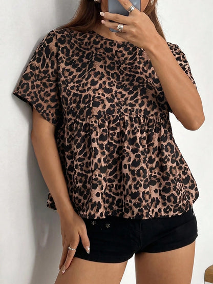 EZwear Leopard Print Woven Women's Round Neck Summer Short Sleeve Shirt,Short Sleeve Tops