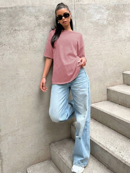 EZwear Loose Fit Solid Color Round Neck Drop Shoulder Short Sleeve Casual T-Shirt, Dusty Pink Going Out Summer