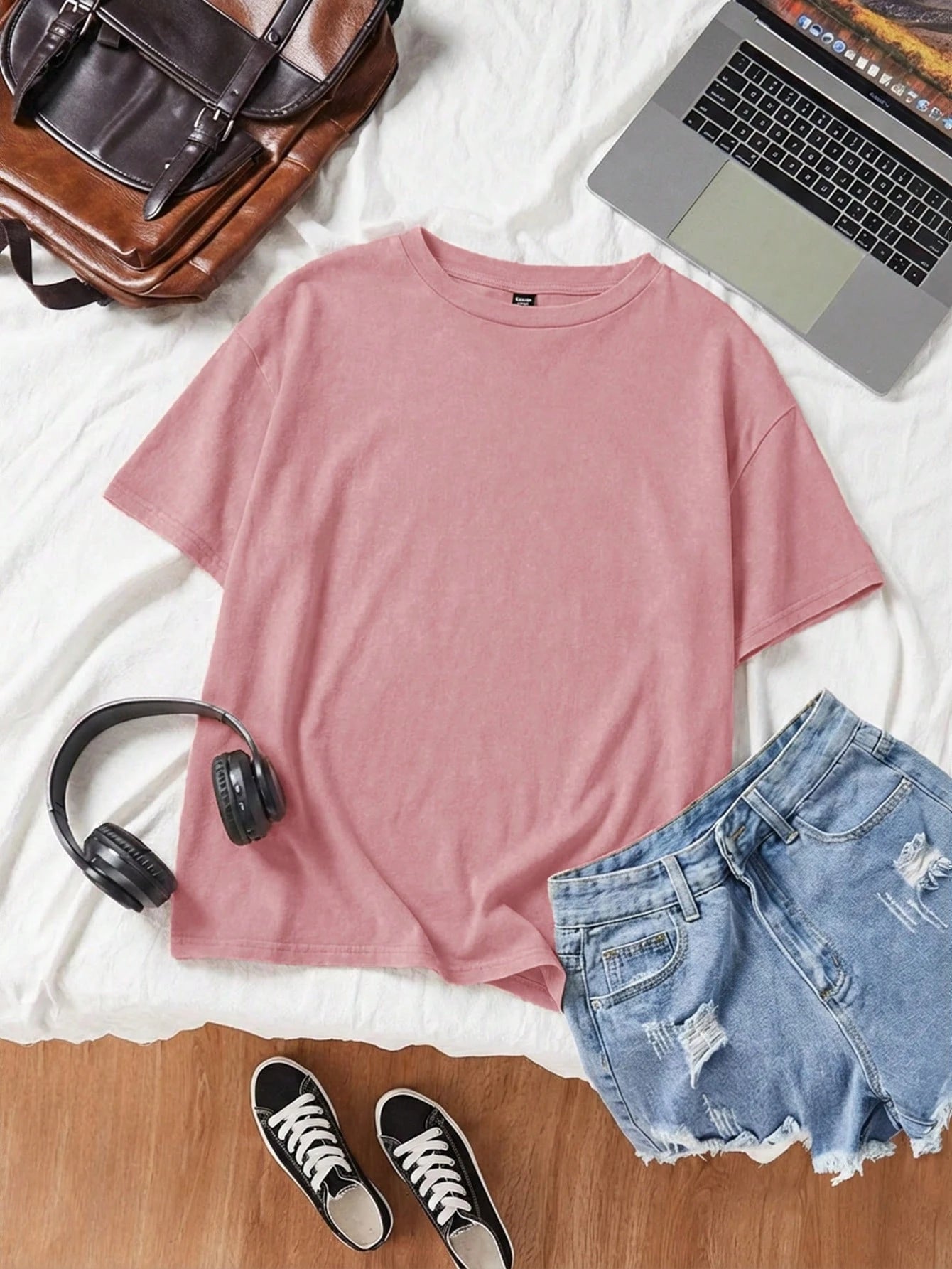 EZwear Loose Fit Solid Color Round Neck Drop Shoulder Short Sleeve Casual T-Shirt, Dusty Pink Going Out Summer