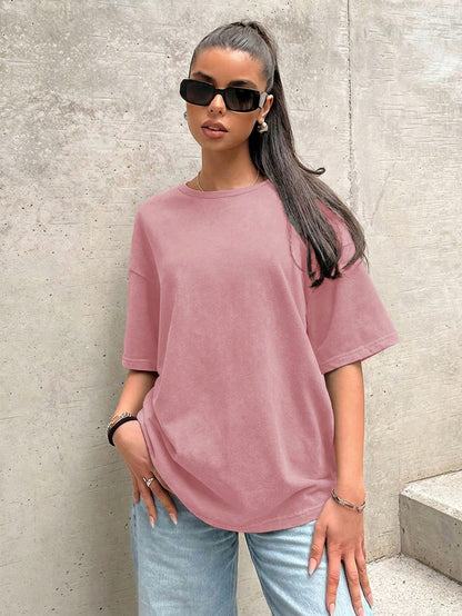EZwear Loose Fit Solid Color Round Neck Drop Shoulder Short Sleeve Casual T-Shirt, Dusty Pink Going Out Summer
