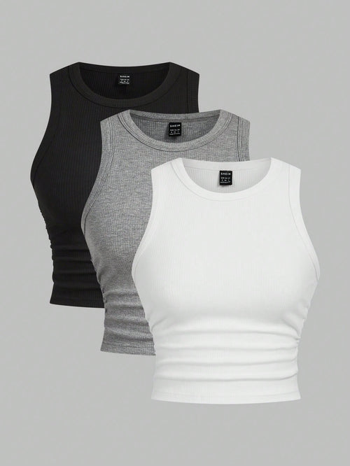 EZwear Multicolor Knitted Women's Round Neck Tight-Fitting Tank Top