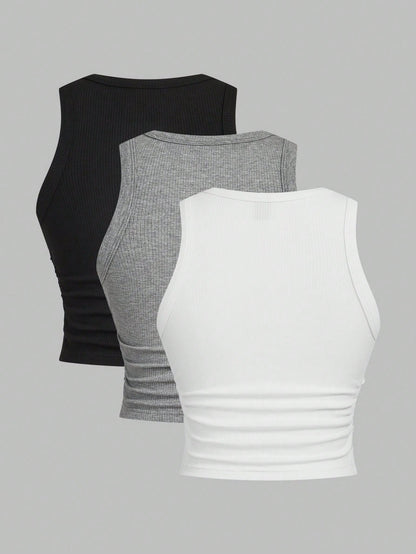 EZwear Multicolor Knitted Women's Round Neck Tight-Fitting Tank Top