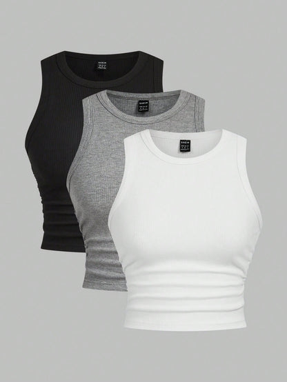 EZwear Multicolor Knitted Women's Round Neck Tight-Fitting Tank Top