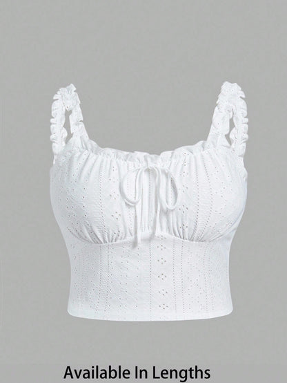 EZwear Plus Size Romantic White Semi-Sheer Ruffle Trim Camisole, Fashion Versatile Summer Holiday Wear