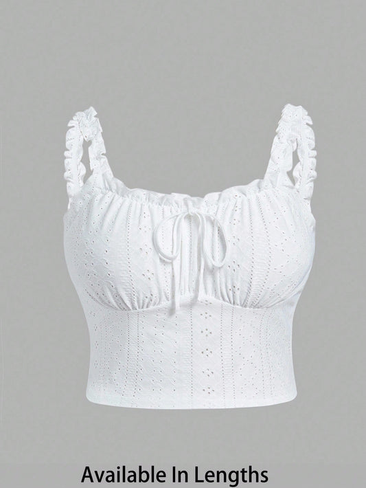 EZwear Plus Size Romantic White Semi-Sheer Ruffle Trim Camisole, Fashion Versatile Summer Holiday Wear
