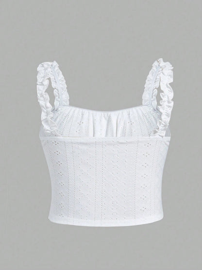 EZwear Plus Size Romantic White Semi-Sheer Ruffle Trim Camisole, Fashion Versatile Summer Holiday Wear