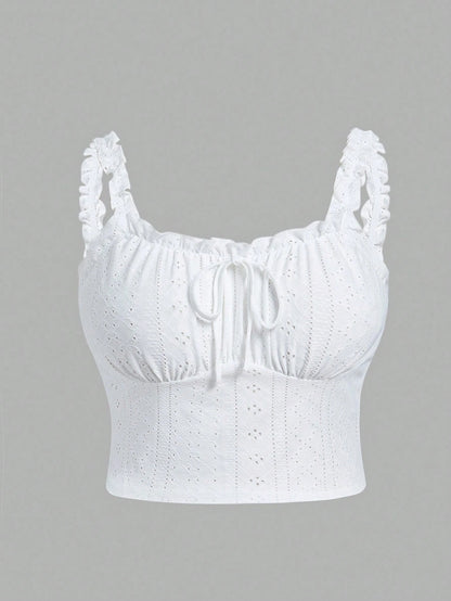 EZwear Plus Size Romantic White Semi-Sheer Ruffle Trim Camisole, Fashion Versatile Summer Holiday Wear