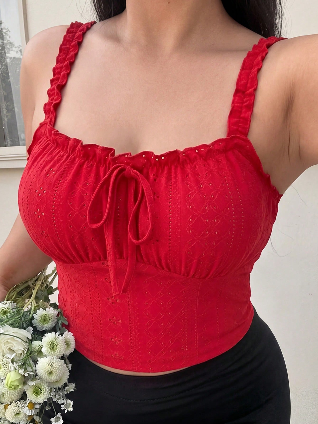 EZwear Plus Size Romantic White Semi-Sheer Ruffle Trim Camisole, Fashion Versatile Summer Holiday Wear