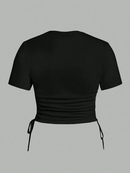 EZwear Plus Size Women's Casual Cross Pattern Side Drawstring Crew Neck Short Sleeve Slim Fit T-Shirt, Suitable For Summer Suitable For Going Out