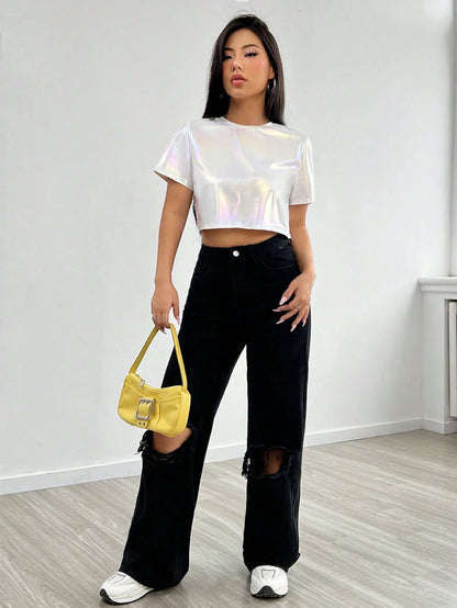 EZwear Summer White Y2k Solid Round Neck Tee