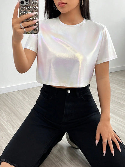 EZwear Summer White Y2k Solid Round Neck Tee