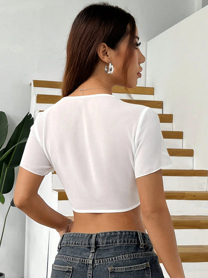 EZwear White Woven Chiffon Open Front Tie Knot Women's Shirt