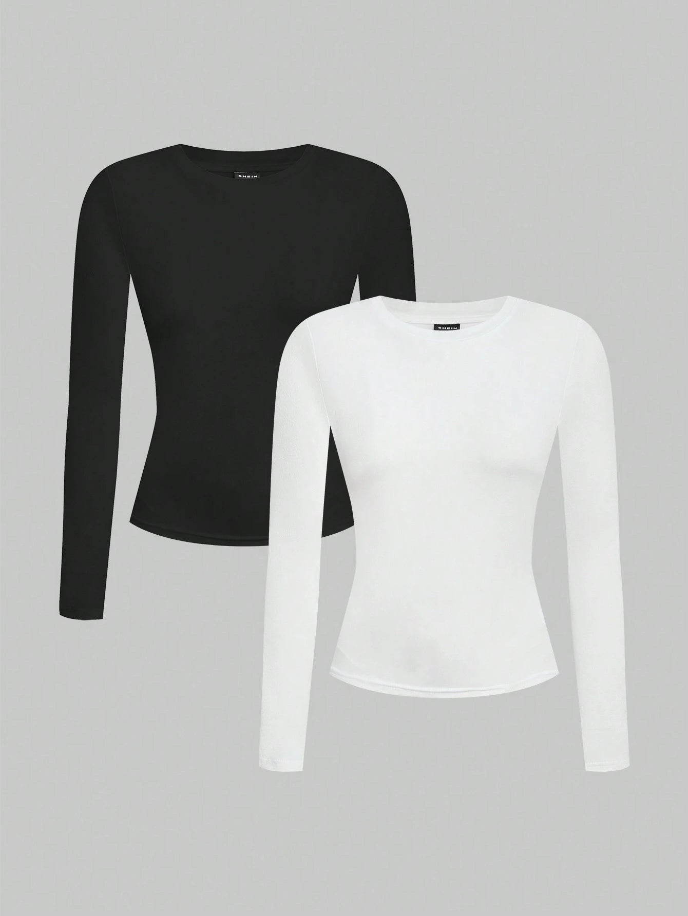EZwear Women 2pcs Black White Casual Minimalist Modest Basic Long Sleeve Fitted Long T-Shirt Set Suitable For Autumn Winter Everyday Day Time Evening