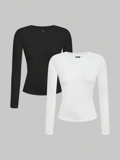EZwear Women 2pcs Black White Casual Minimalist Modest Basic Long Sleeve Fitted Long T-Shirt Set Suitable For Autumn Winter Everyday Day Time Evening