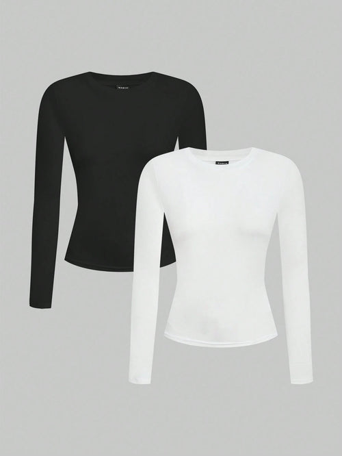 EZwear Women 2pcs Black White Casual Minimalist Modest Basic Long Sleeve Fitted Long T-Shirt Set Suitable For Autumn Winter Everyday Day Time Evening
