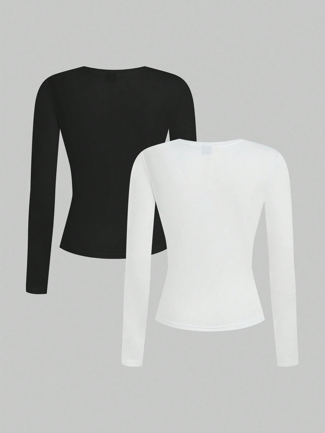 EZwear Women 2pcs Black White Casual Minimalist Modest Basic Long Sleeve Fitted Long T-Shirt Set Suitable For Autumn Winter Everyday Day Time Evening