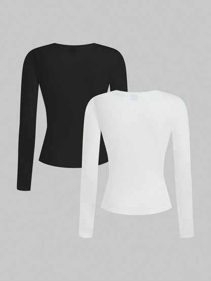 EZwear Women 2pcs Black White Casual Minimalist Modest Basic Long Sleeve Fitted Long T-Shirt Set Suitable For Autumn Winter Everyday Day Time Evening