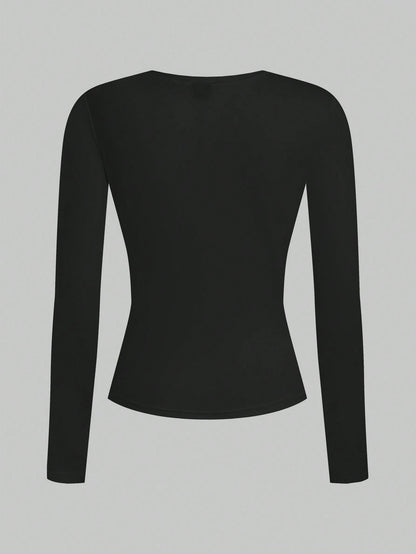 EZwear Women 2pcs Black White Casual Minimalist Modest Basic Long Sleeve Fitted Long T-Shirt Set Suitable For Autumn Winter Everyday Day Time Evening