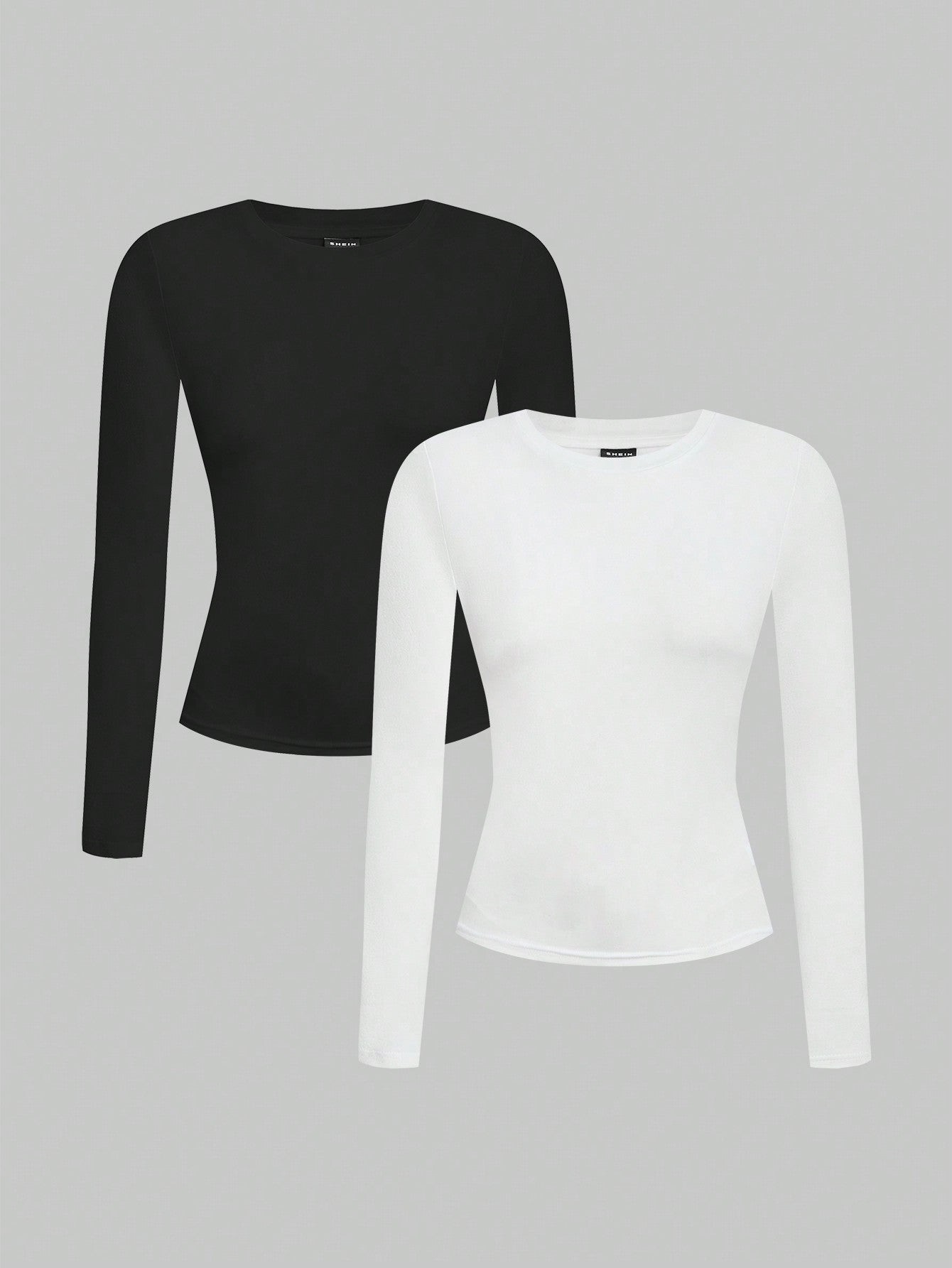 EZwear Women 2pcs Black White Casual Minimalist Modest Basic Long Sleeve Fitted Long T-Shirt Set Suitable For Autumn Winter Everyday Day Time Evening