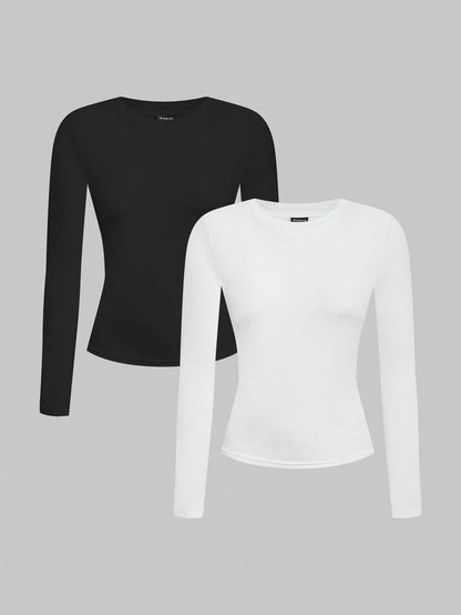 EZwear Women 2pcs Black White Casual Minimalist Modest Basic Long Sleeve Fitted Long T-Shirt Set Suitable For Autumn Winter Everyday Day Time Evening