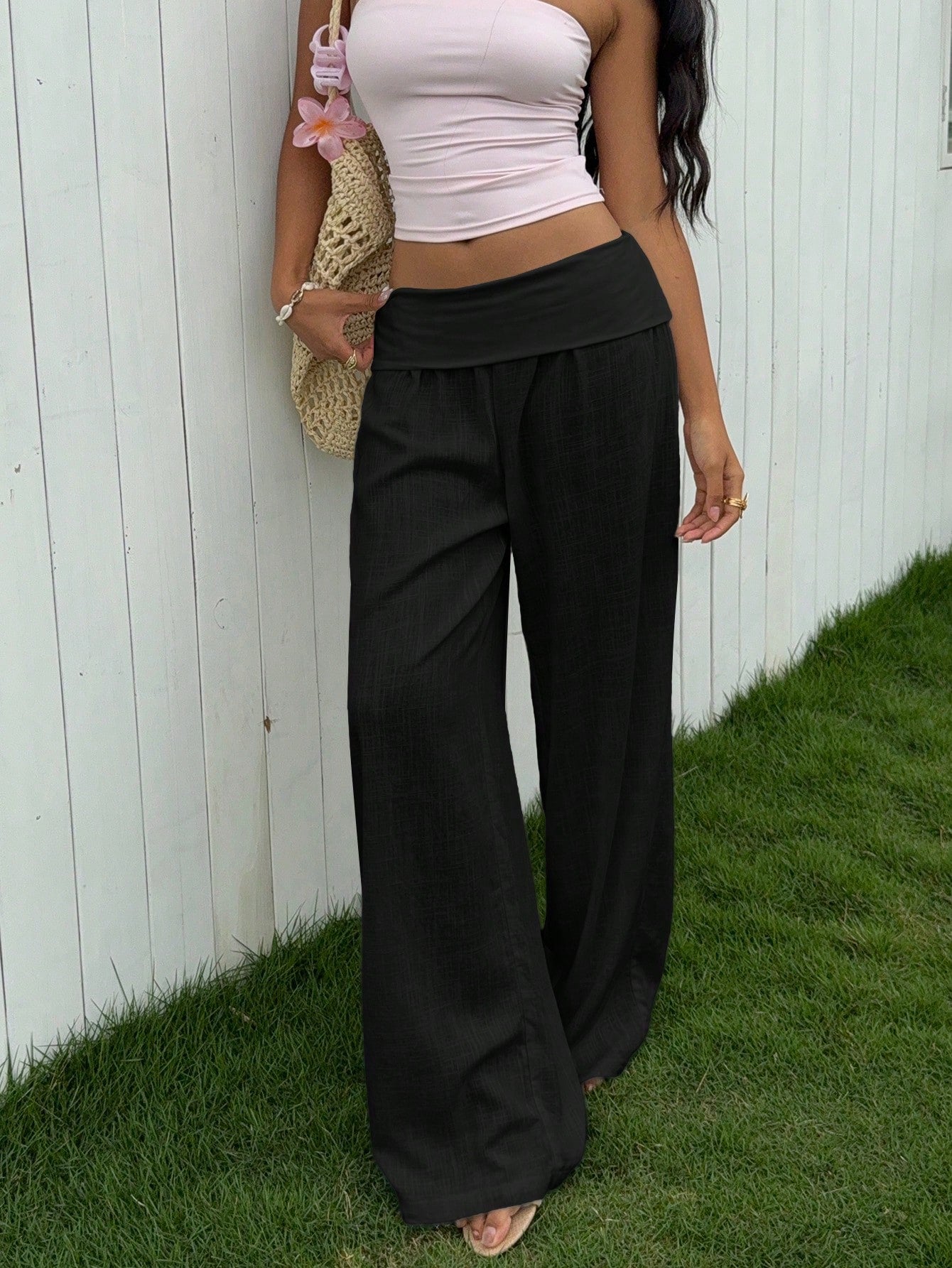 EZwear Women's Casual Black High-Waisted Wide Leg Pants