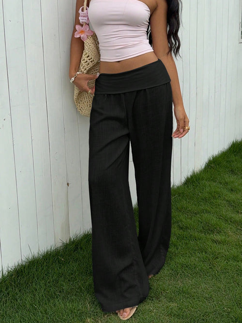EZwear Women's Casual Black High-Waisted Wide Leg Pants