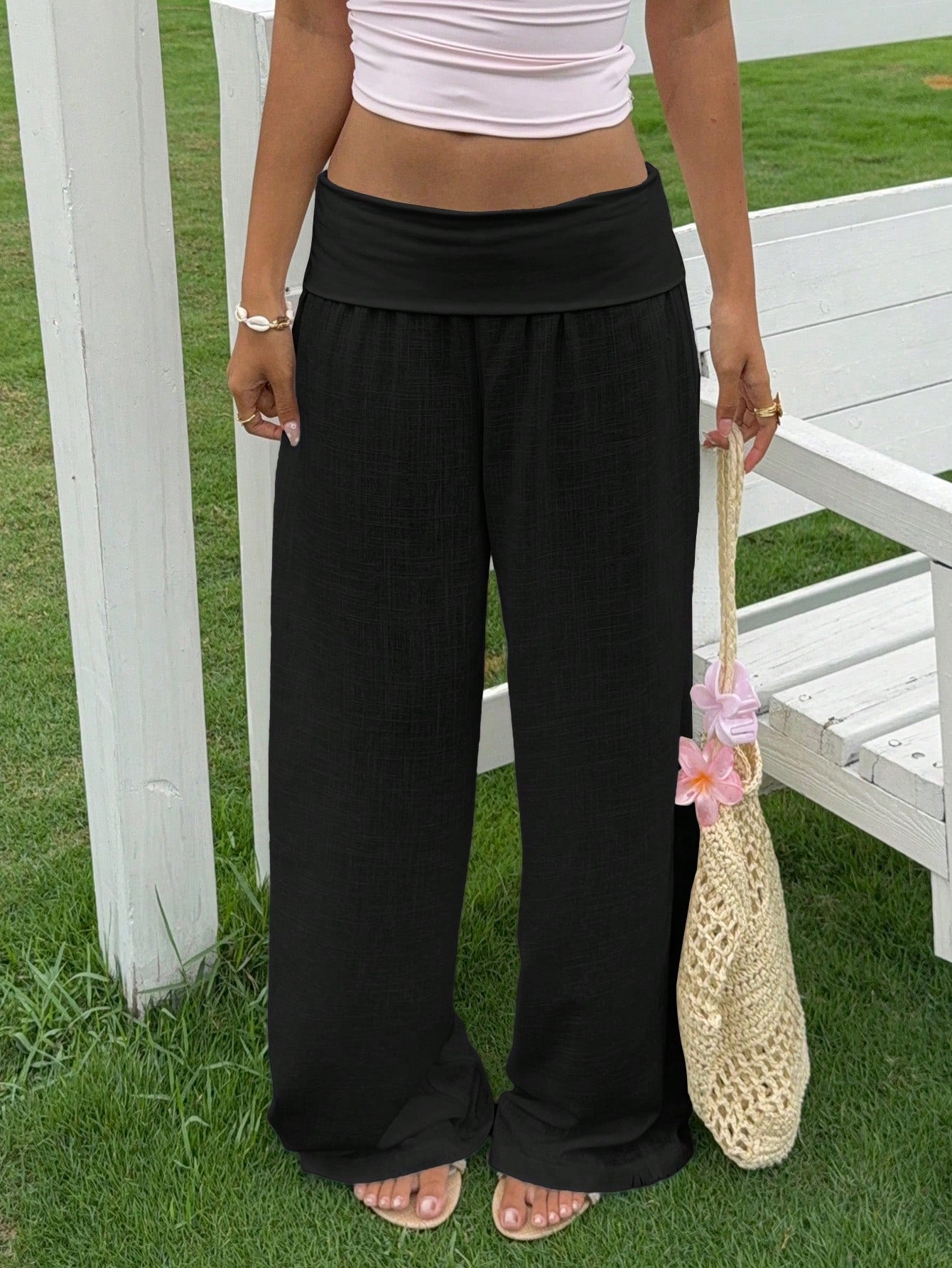 EZwear Women's Casual Black High-Waisted Wide Leg Pants