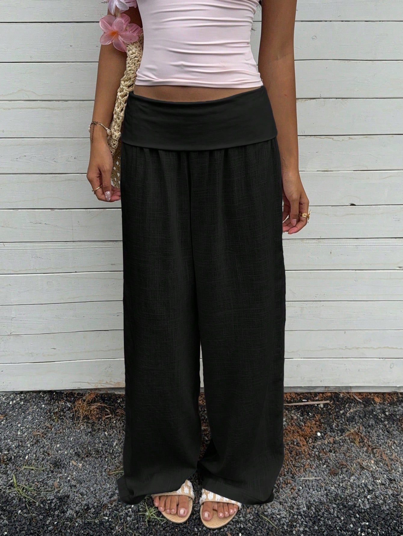 EZwear Women's Casual Black High-Waisted Wide Leg Pants