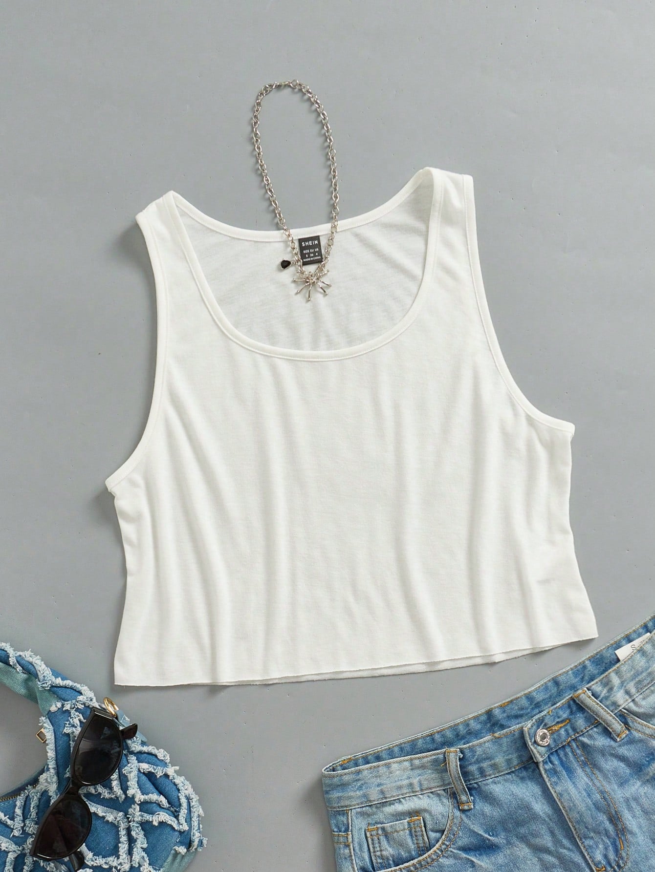 EZwear Women's Casual Loose U-Neck Cropped Tank Top, Daily, Summer, Vacation, Casual, 95% Cotton, White, Beach, Summer