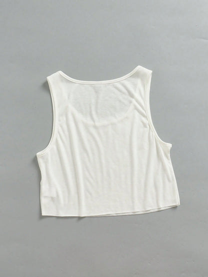 EZwear Women's Casual Loose U-Neck Cropped Tank Top, Daily, Summer, Vacation, Casual, 95% Cotton, White, Beach, Summer